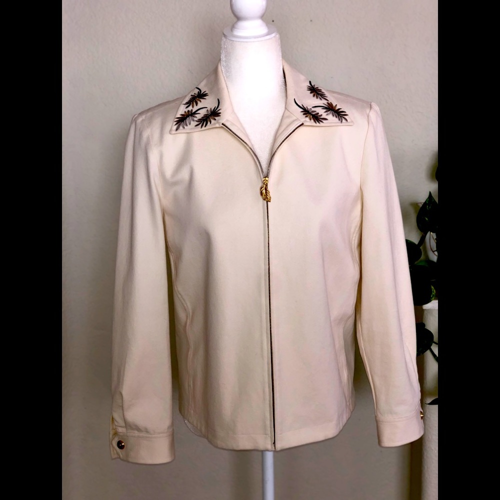 ST.JOHN SPORT SZ S IVORY TROPICAL EMBROIDERED LONG SLEEVE COLLARED JACKET ZIPPER